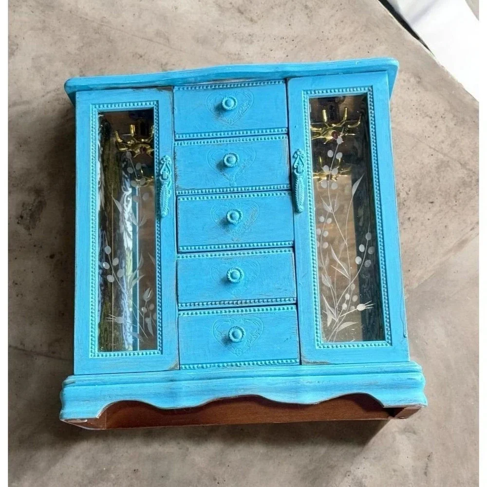 Upcycled Shabby Chic Turquoise Vintage Wood Jewelry Box Chest Armoire 5 Drawer